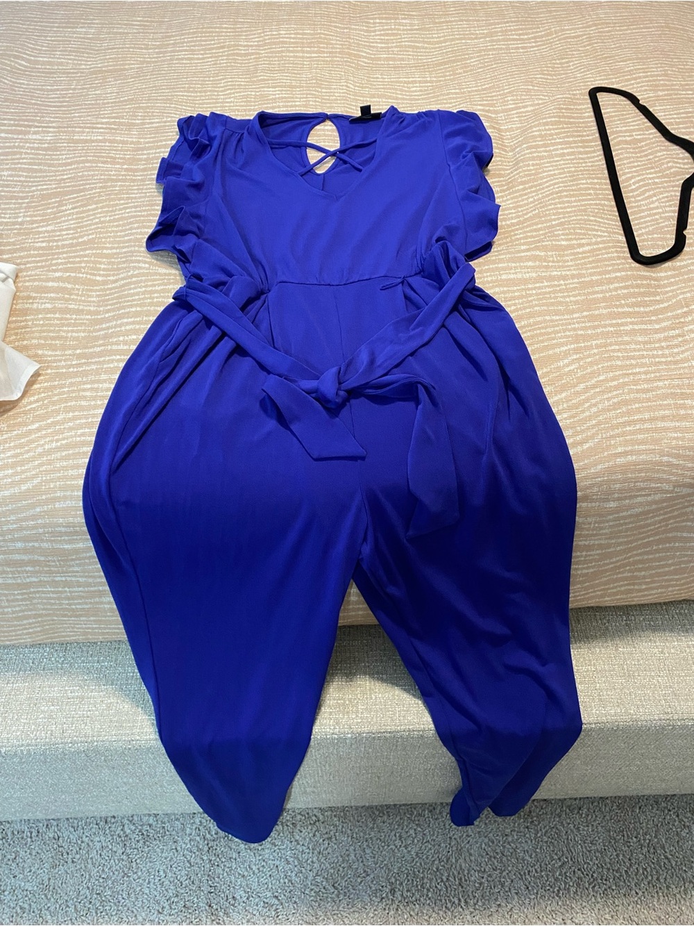 BOLD elements Cobalt Blue Short Ruffle Sleeve Jumpsuit with Tie Waist
